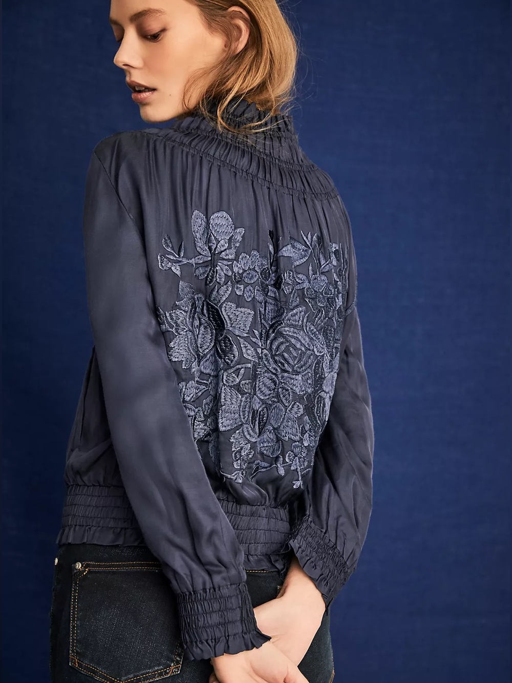 Anthropologie LOVE SAM Alexe Embroidered Bomber Navy Blue Size M Like New